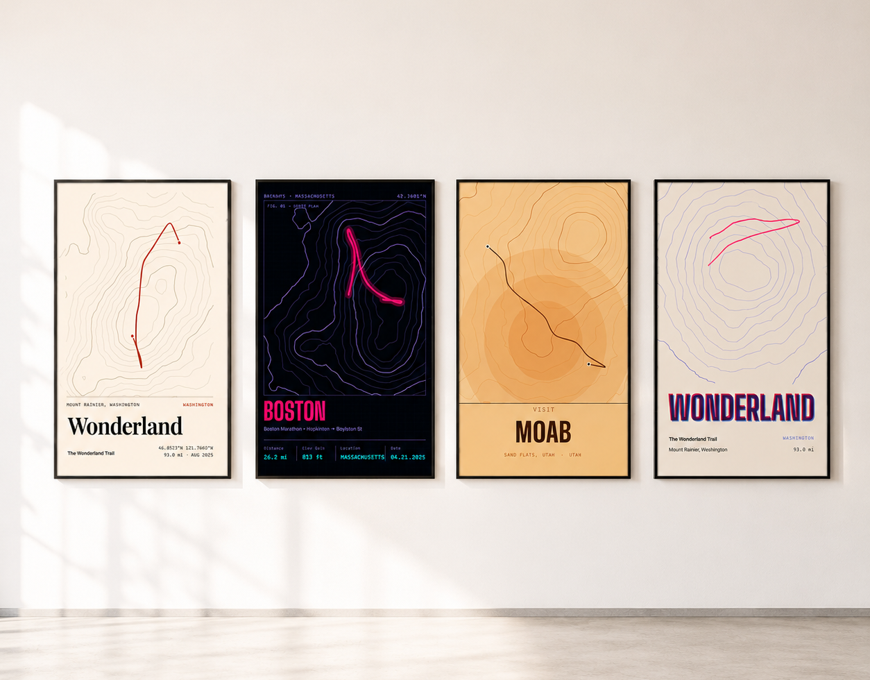 Framed RadMaps trail posters on a wall